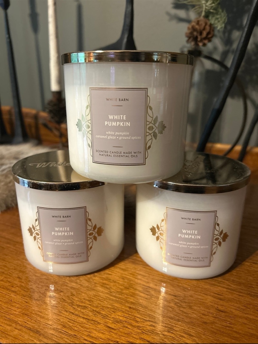 White Barn White Pumpkin Candle Trio - Cream with Gold Trim
